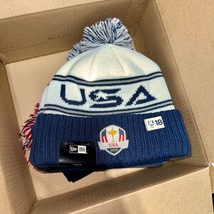 Official 2025 Ryder Cup New Era USA w/ Pin Winter Pom Beanie Hat Knit Cap NEW
